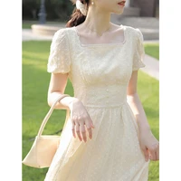 square collar short sleeve office dress for lady mid waist a line casual french dress regular pleated summer white dress women