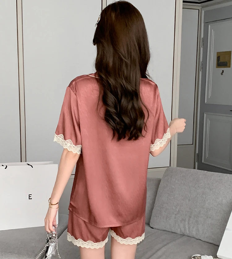 Pajamas Short-sleeved Shorts Set Women Summer Ice Silk 2022 Cool Solid Color Herringbone Lace Homewear Suit Loungewear Clothing