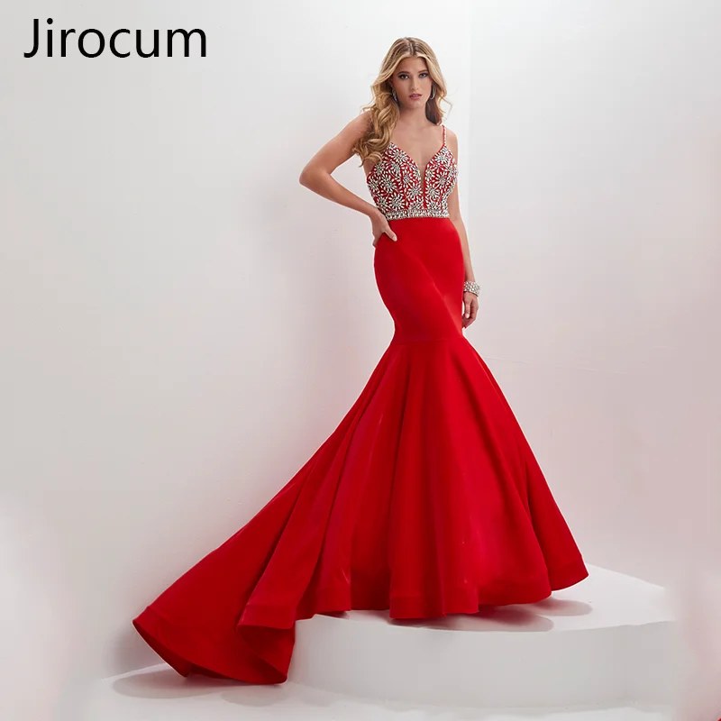 

Jirocum Spaghetti Straps Crystal Prom Dress Mermaid Side Split Women's Open Back Long Evening Gowns Formal Party Celebrity Gown