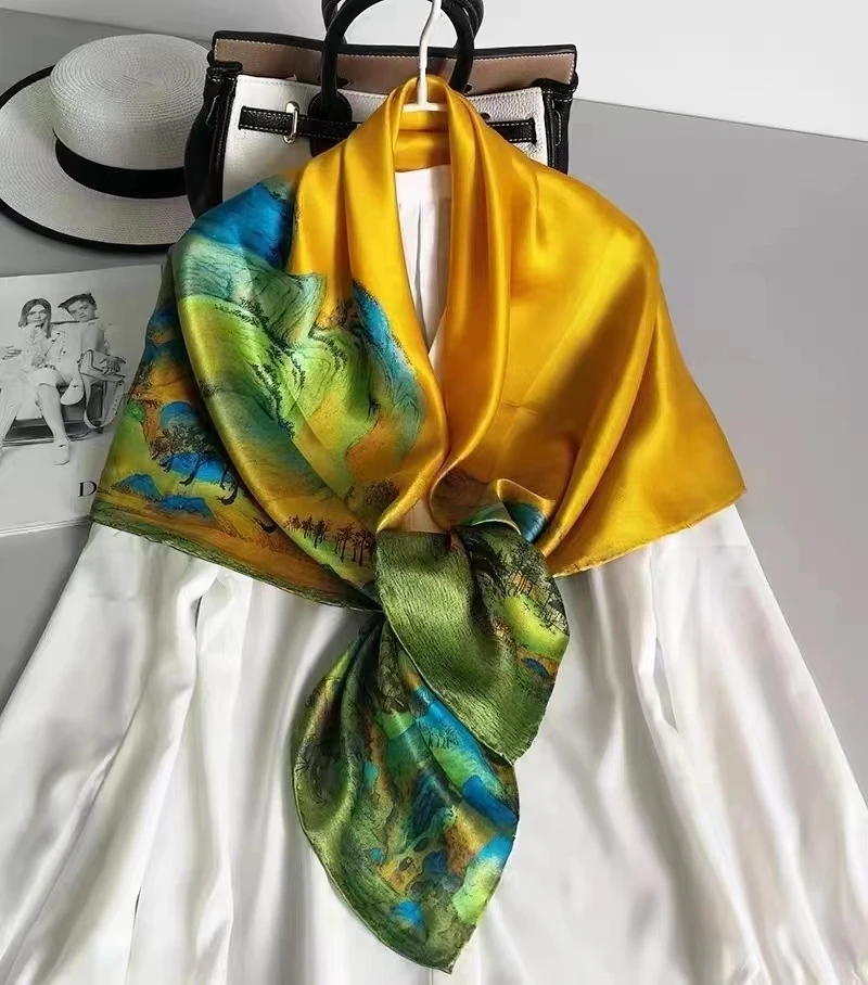 BYSIFA Yellow Green Scarves Bufandas Female Scarfs Shawl Fashion Elegant Satin Square Scarves Fall Winter Brand Silk Scarf Hijab images - 6