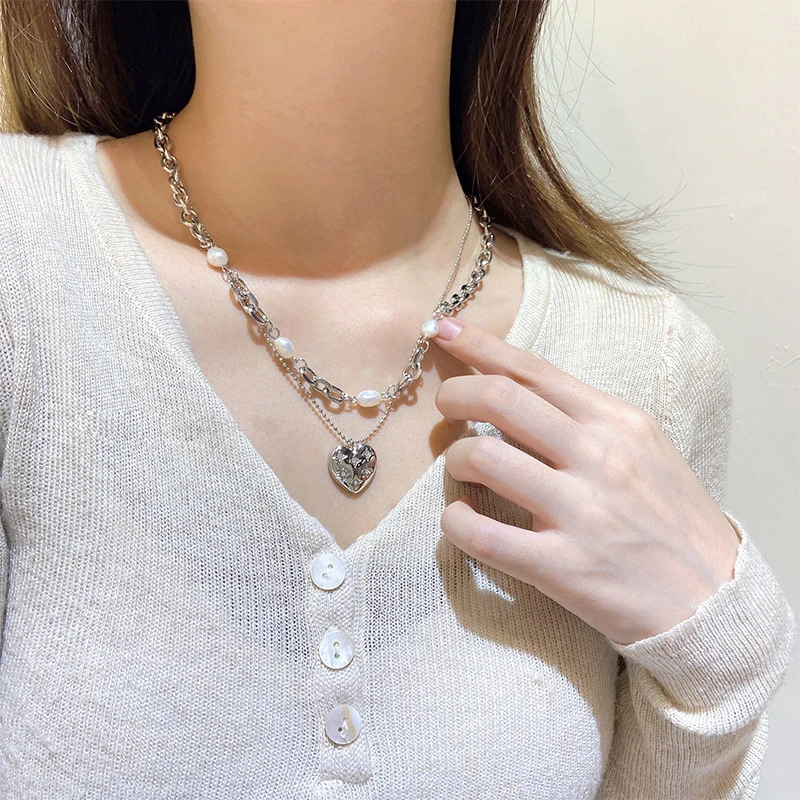 

WeSparking EMO Silver Plated Stainless Steel Double Layers Heart Pendant Neckalce Pearl Fashion Jrewely Free Shipping Pusheen