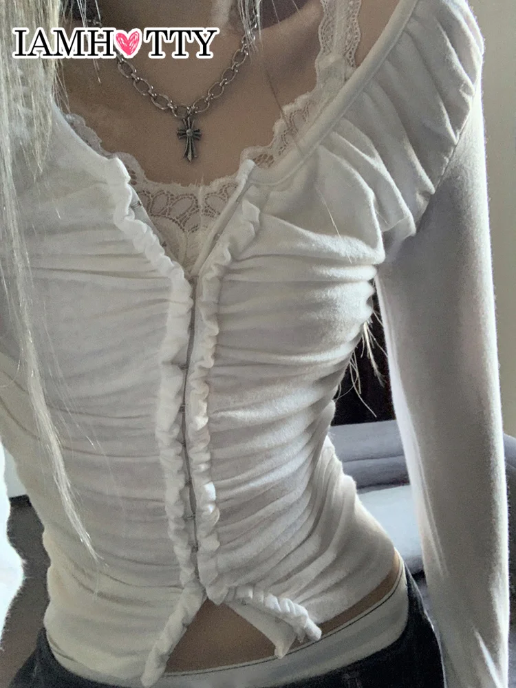 

IAMHOTTY Folds Buckle Up Skinny Sexy T-shirt Solid Basic V-neck Cropped Top Korean Style High Streetwear Women Chic Shirt Autumn