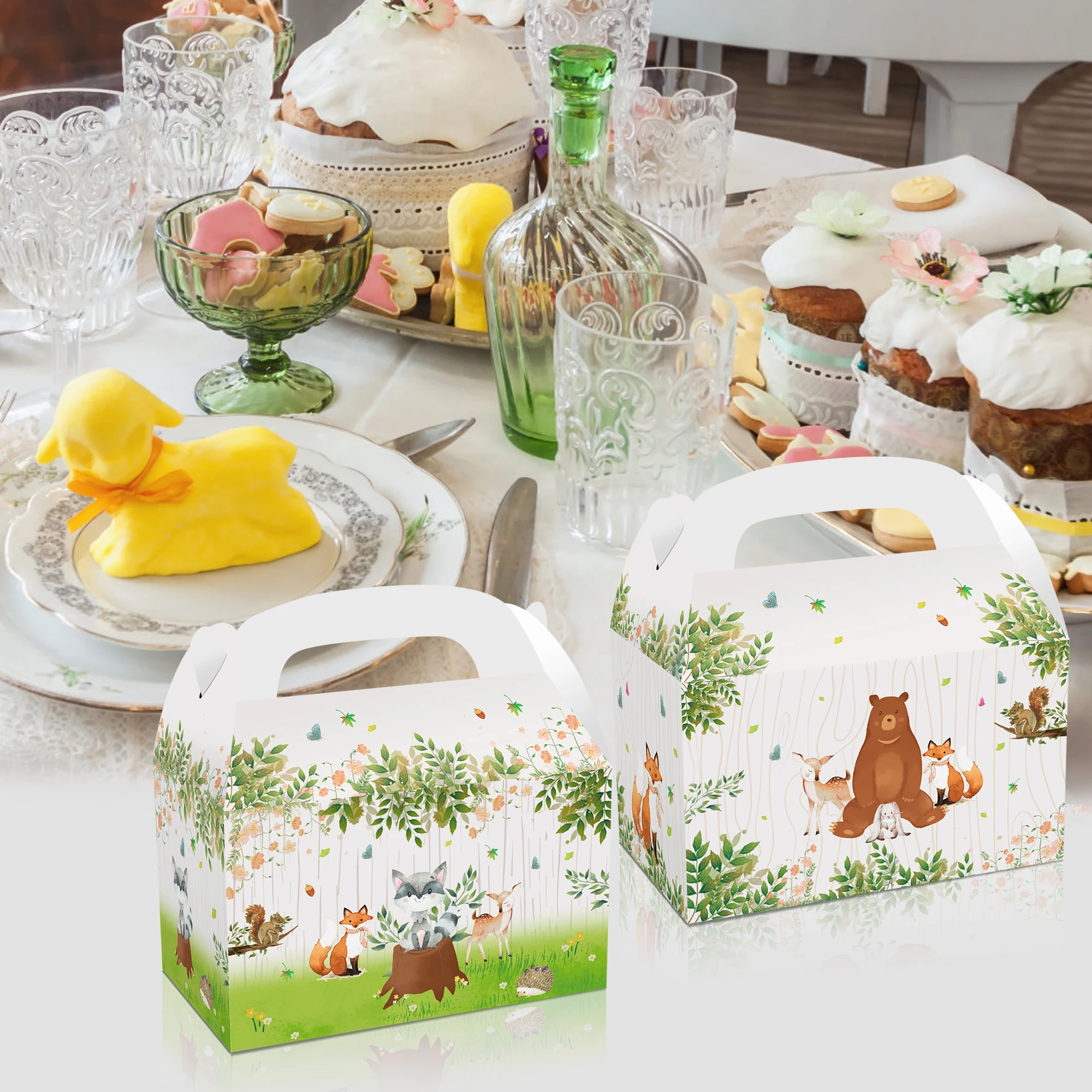 

DD079 4Pcs Woodland Baby Shower Jungle Animals Wild ONE Party Candy Portable Packing Gift Box Gifts Birthday Party Decorations