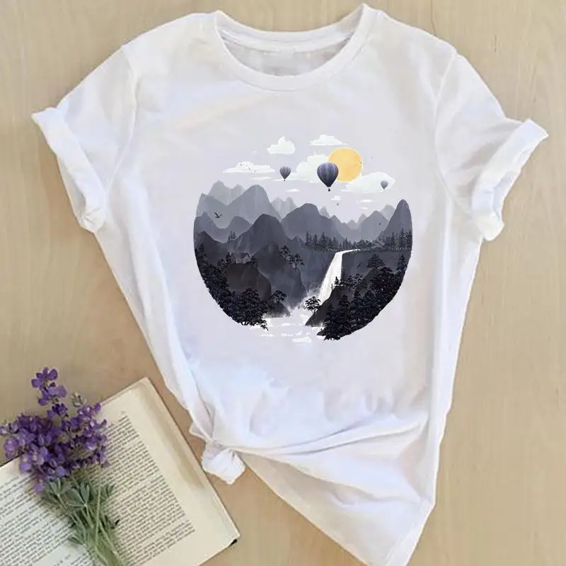 

Women Print Tops Clothes Short Sleeve Tees Female Summer Mountain Hot Balloon Travel Fashion Lady Tshirt Regular Graphic T-Shirt