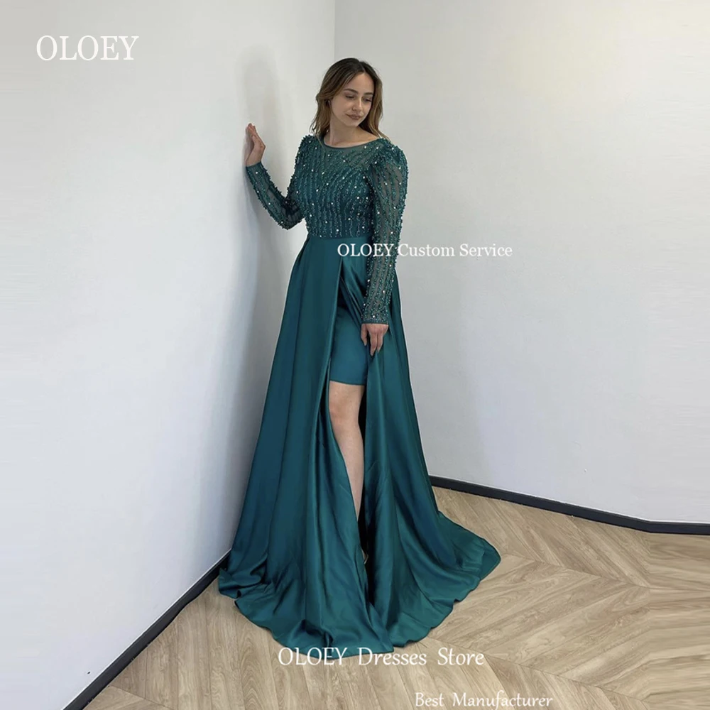 

OLOEY Glitter Sequin Lace Mermaid Hunter Evening Dresses Long Sleeves Jewel Neck Arabic Women Formal Prom Gowns Party Dress