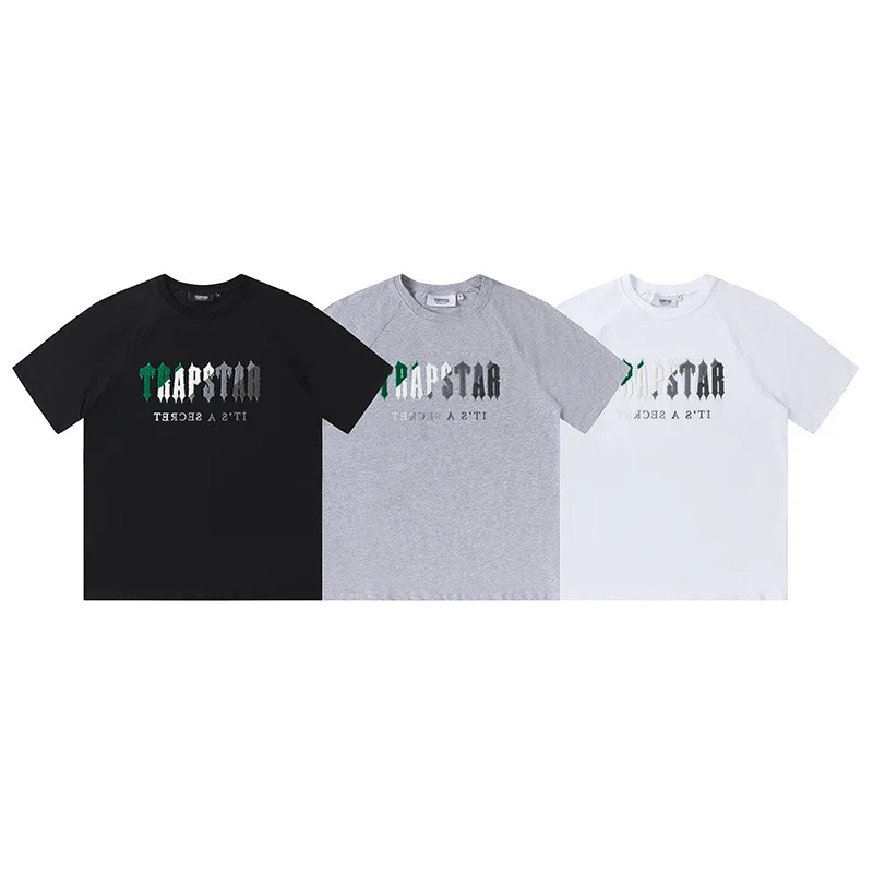 

Summer niche trapstar lettering green white gray gradient towel embroidered T-shirt men's and women's loose casual short sleeves