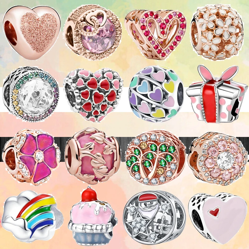 

2022 Rainbow Rose Gold Flowers Tree Hearts Sparkling Charms DIY Beads Fit Original Pandora Silver Color Bracelets Luxury Jewelry