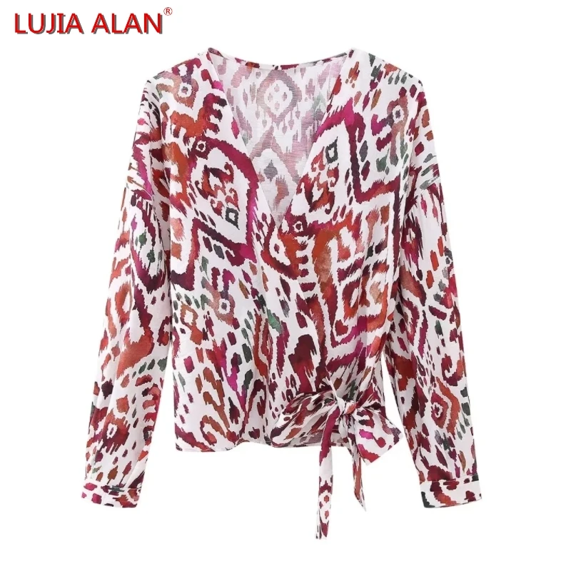 

New Women Vintage Printed Cross V-neck Lace Up Bow Blouse Female Nine Quarter Sleeve Shirt Casual Loose Tops LUJIA ALAN B1727