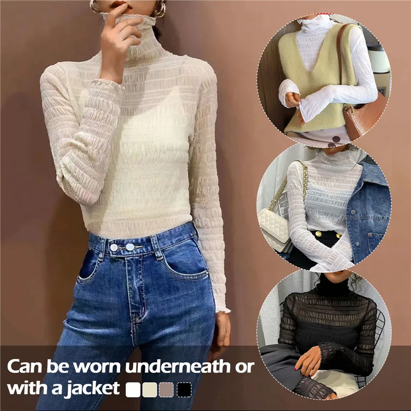 

Autumn Korean Lace T-Shirt Women Turtleneck Vintage Long Sleeve Office Lady Tshirts Slim Women Shirt Lace Blouse For Ladies