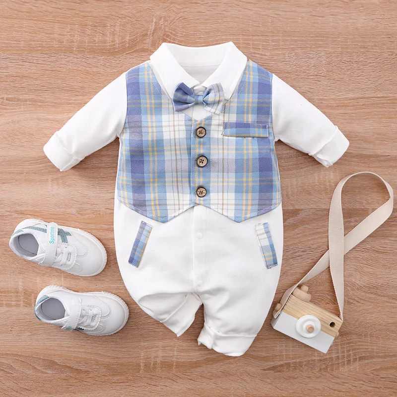 

Baby Gentleman Onesie New Baby Dress Plaid Vest Climbing Suit Baby Boy Clothes Set Boutique Kids Clothing