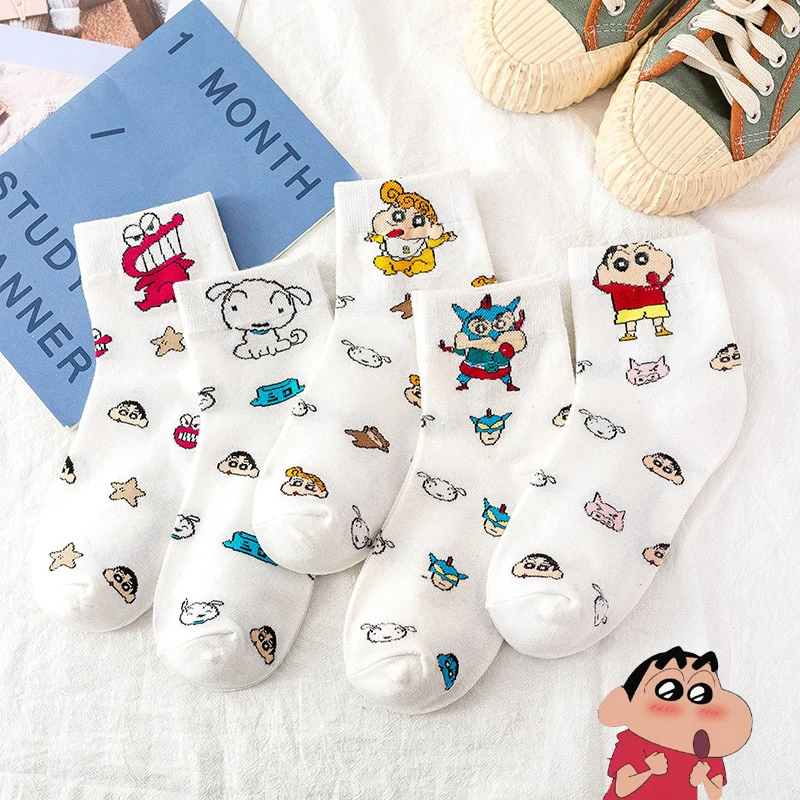 

5pcs Sanrio Kawaii Crayon Shinchan Socks Cartoon Cute Sweet Vintage Mid Tube Socks Student Ins Fashion Anime Socks Gift for Girl