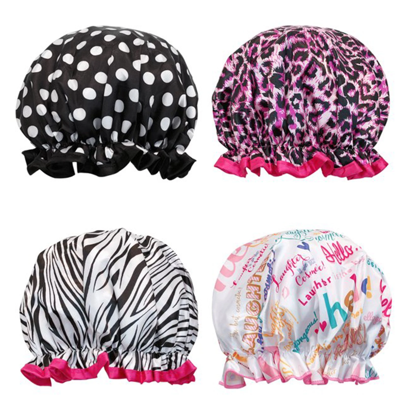 

4pcs Waterproof Reusable Portable With Elastic Band Dots Cover Animal Print Double Layer Fashion Shower Cap Hat Hair Protection