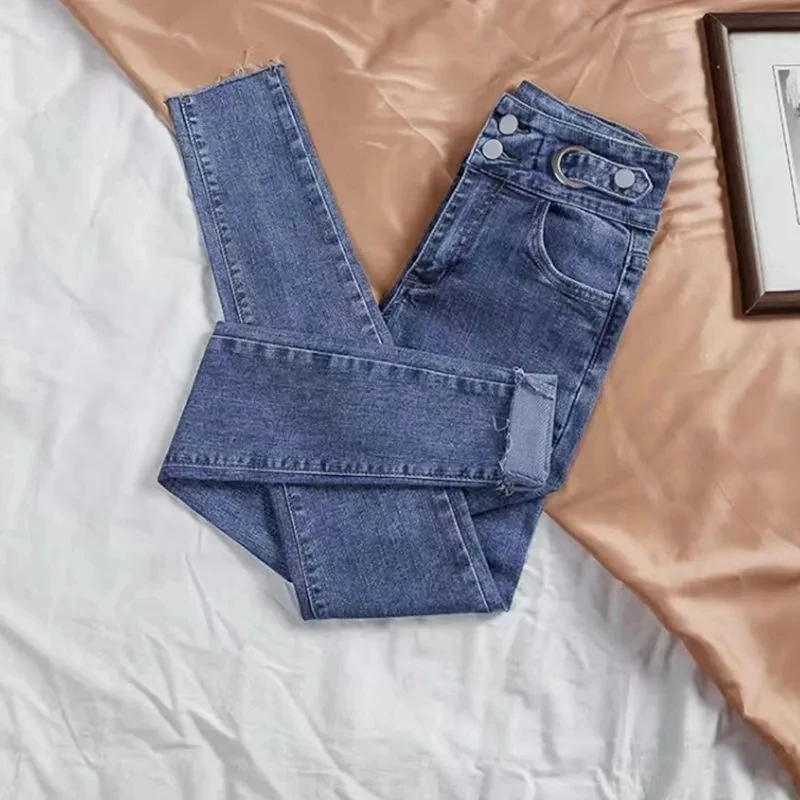 

High Waist Elastic Casual Jeans Womens 2022 Spring Autumn New Fashion Slim All-match Outer Wear Nine-point Pencil Pants Women