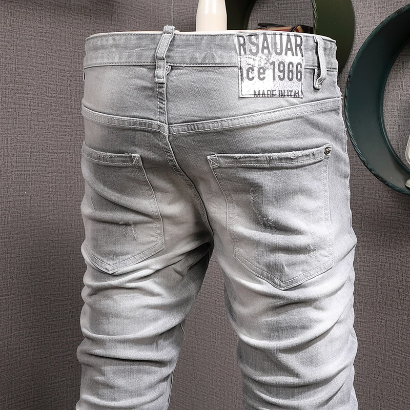 Streetwear Fashion Men Jeans Retro Light Gray Stretch Slim Fit Destroyed Ripped Jeans Men Vintage Designer Brand Pants Hombre