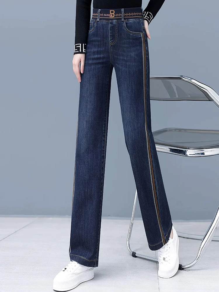 Plus Size Narrow Wide Leg Jeans Women 2024 New Spring Autumn and Winter Plus size Loose Slimming Fleece-lined Elastic Waist ...