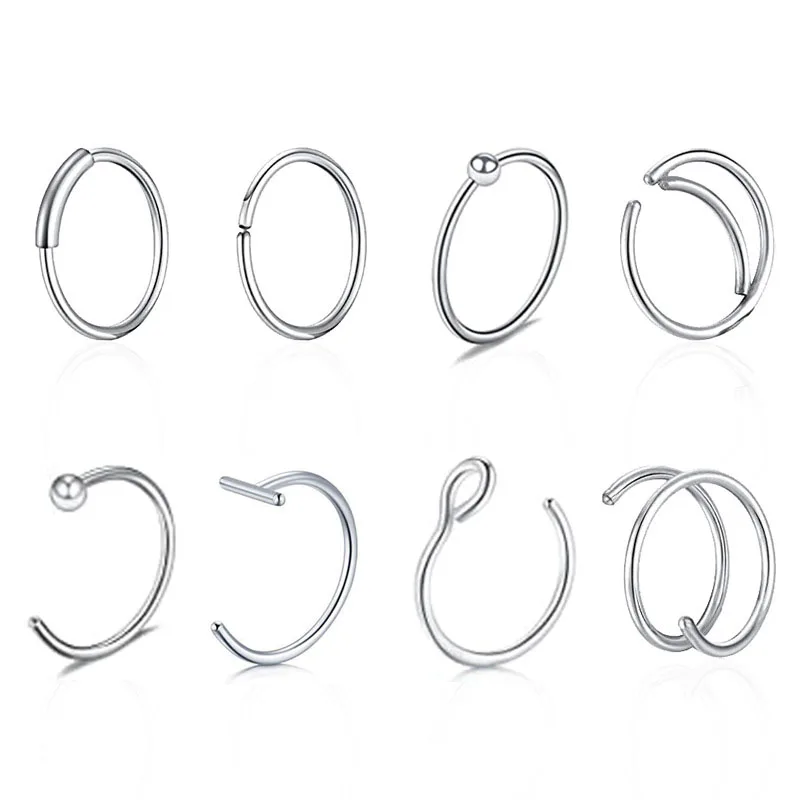 

8pcs Set Stainless Steel Fake Nose Ring Hoop Septum Rings C Clip Lip Ring Earring Fake Piercing Body Jewelry Non-Pierced 8/10mm