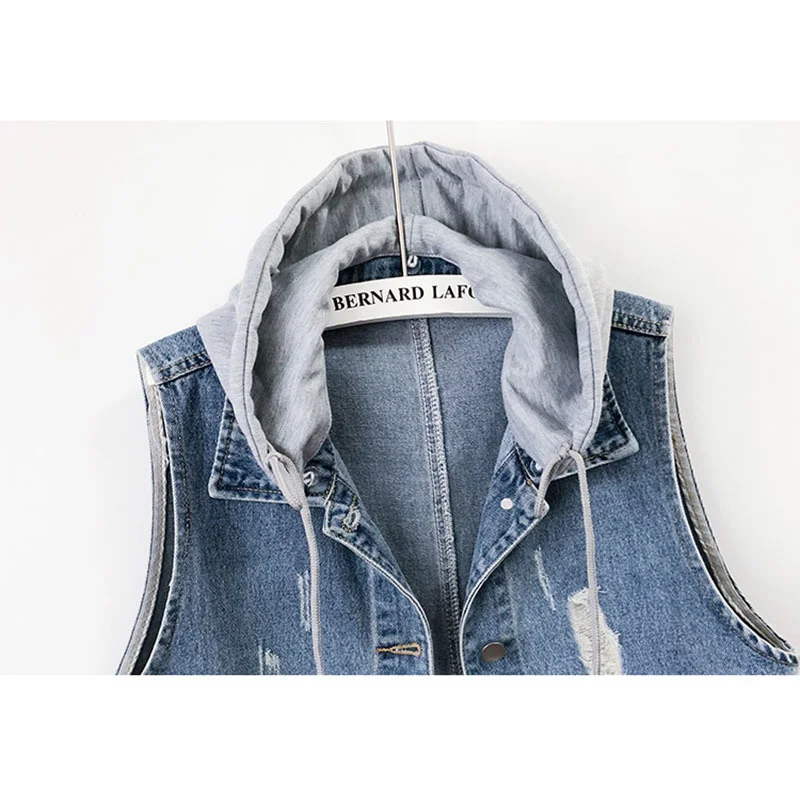 

Big Holes Pocket Removable Hooded Denim Women Blue Waistcoat Cowboy Sleeveless Jacket Korean Loose Short Jeans Vest Female