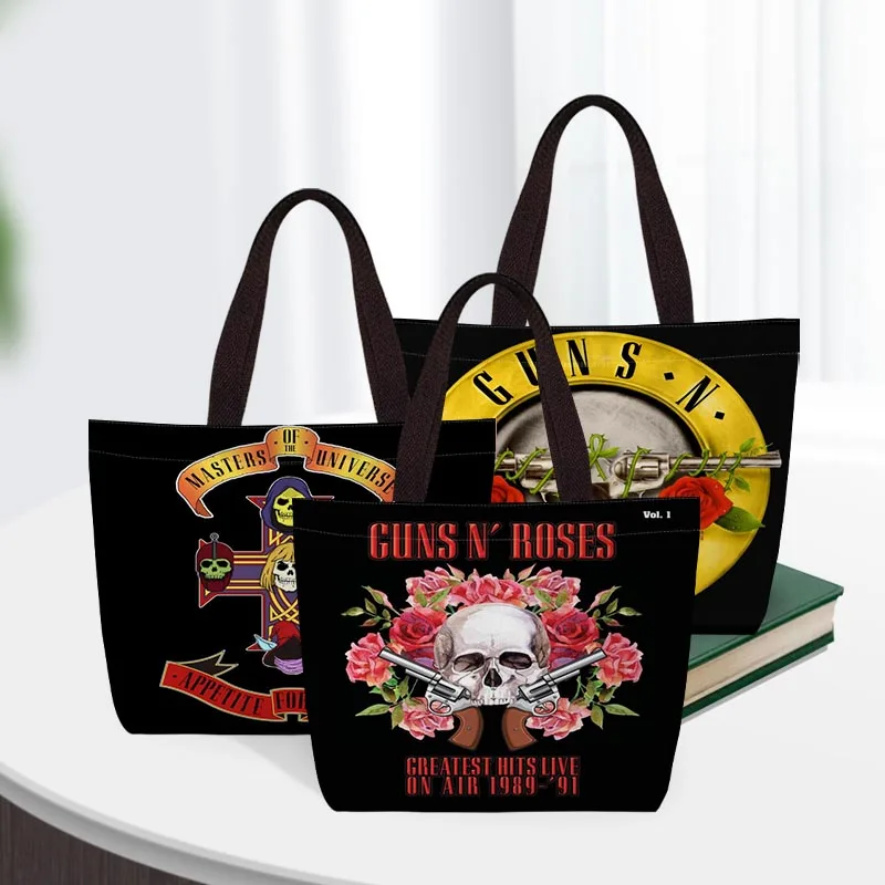 Guns N Roses Linen Handbag Women Tote Bag Cartoon Animal Print Lunch Bag Portable Totes