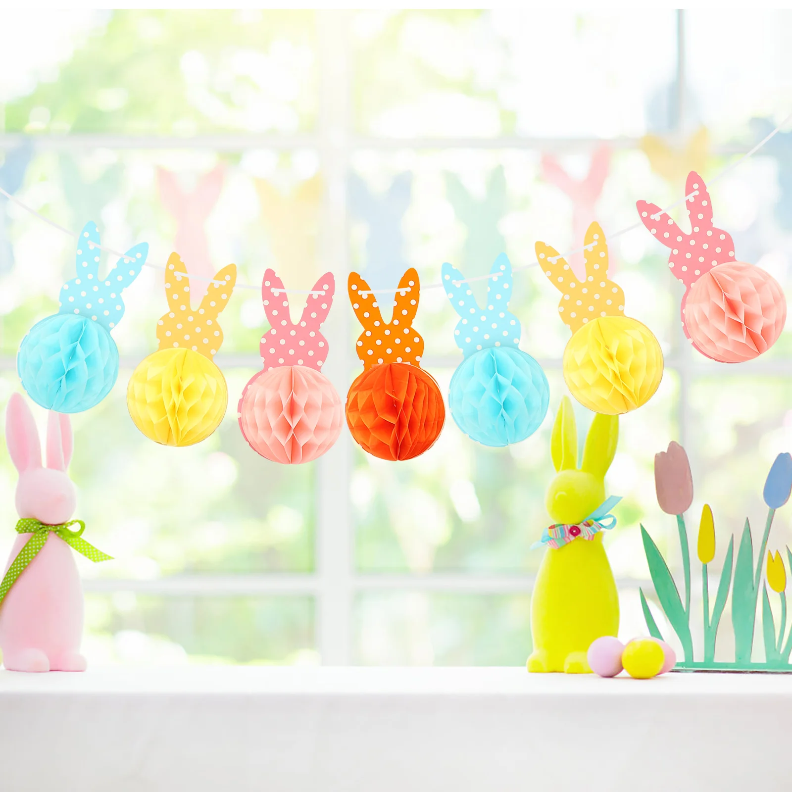 

Easter Banner Bunny Bunting Honeycomb Garland Decorations Themed New Hanging Centerpieces Year Rabbit Party Burlap Carrot Favors