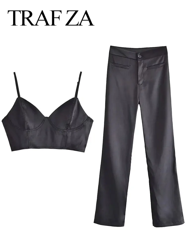 

TRAF ZA Loose Fashion Flared Pants Slim Fit Women's Clothing Black Sling Flared Pants Cool High Street Suit Elastic Sling Top
