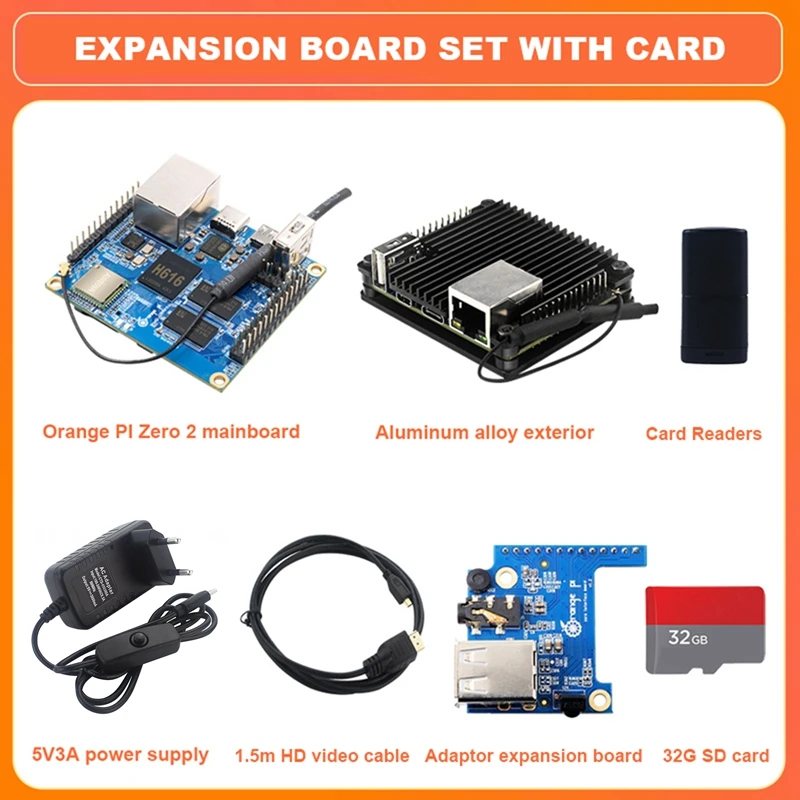 

For Orange Pi Zero2 H616 1G DDR3 Development Board+Case+Video Cable+Expansion Card+32G SD Card+Card Reader+Power
