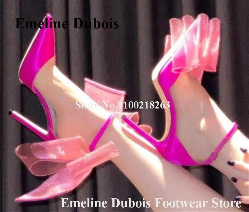 Butterfly Lace Pumps Emeline Dubois Designer Pointed Toe Big Mesh Bowtie Decorated Stiletto Shoes Pink Red Satin High Heels