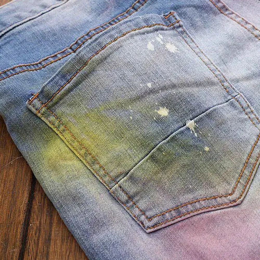 Men Jeans Printing Slim Fit Denim Trousers Biker High Quality Male Stragiht Casual Designer Embroidery  Graffiti  High Street