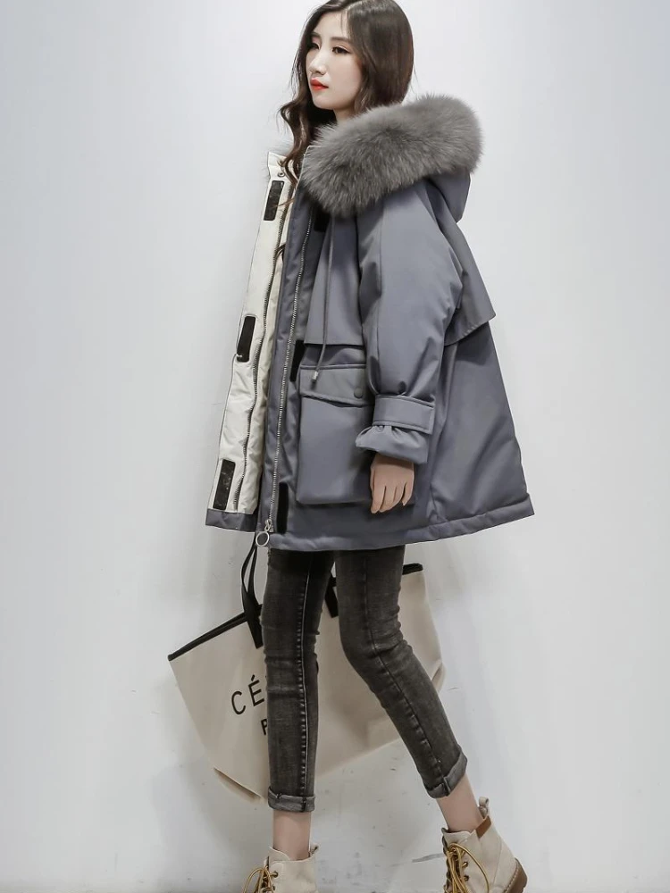New Winter Jacket Women's Parka Fashion Coat Hooded Loose Warm Snow with Fur Collar Thickened