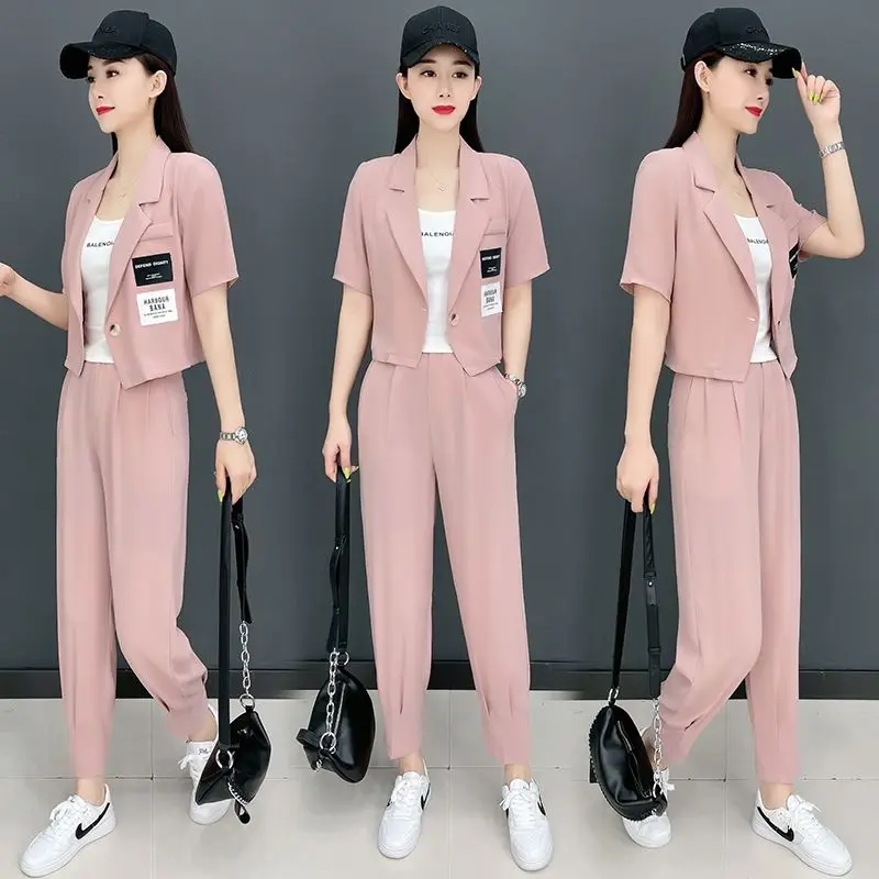 Korean Style Slim Fitting Short Sleeved Jacket Casual Cropped Pants Two-piece Elegant Women's Pants Set Office Outfits Clothes