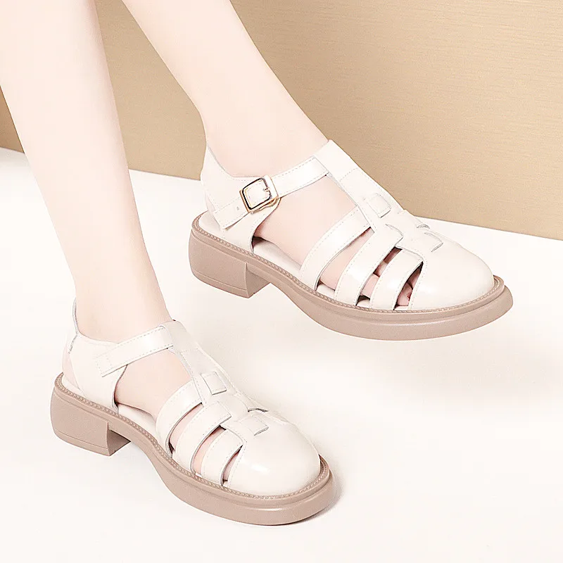 Sandals women's first layer cowhide vintage summer2023new platform pitcher shoes casual Roman non slip women's sandals luxurious