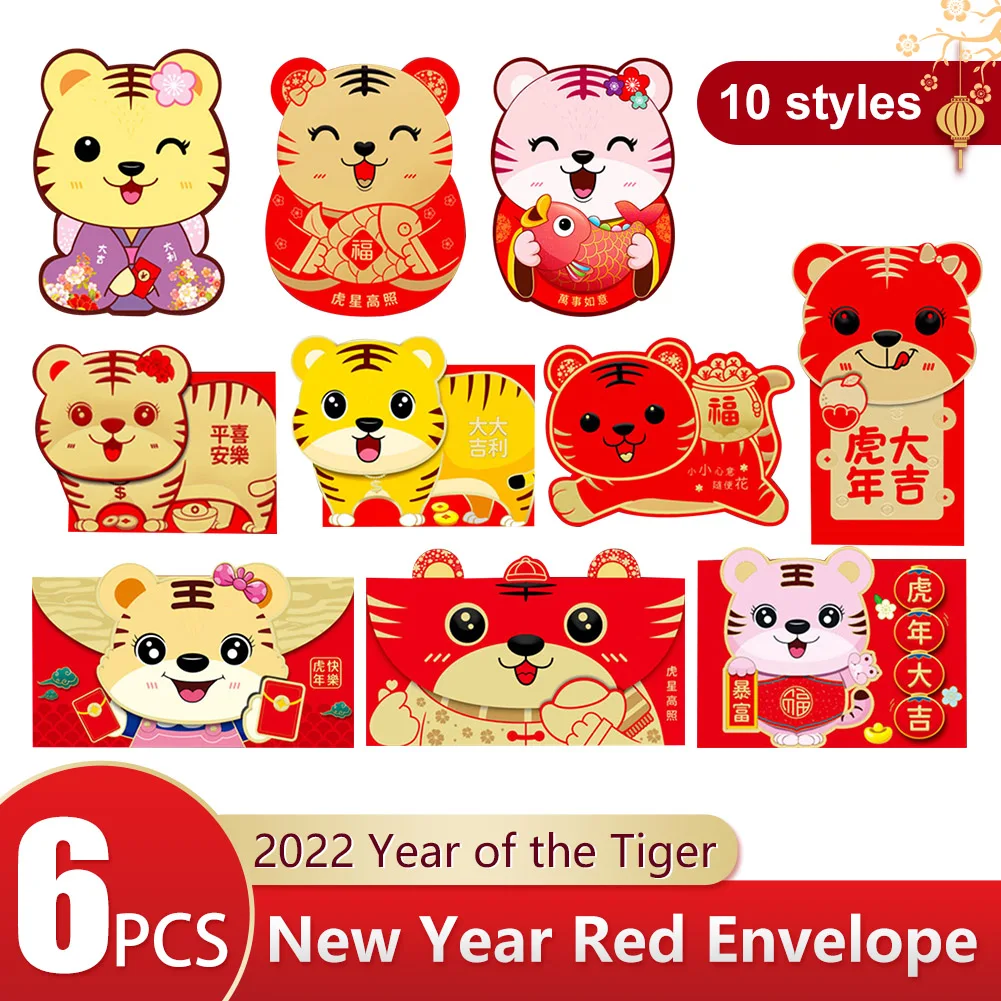 

6pcs Chinese New Year Red Envelope 2022 Year Of The Tiger Lucky Money Hongbao Best Wish Cute Cartoon Red Packet