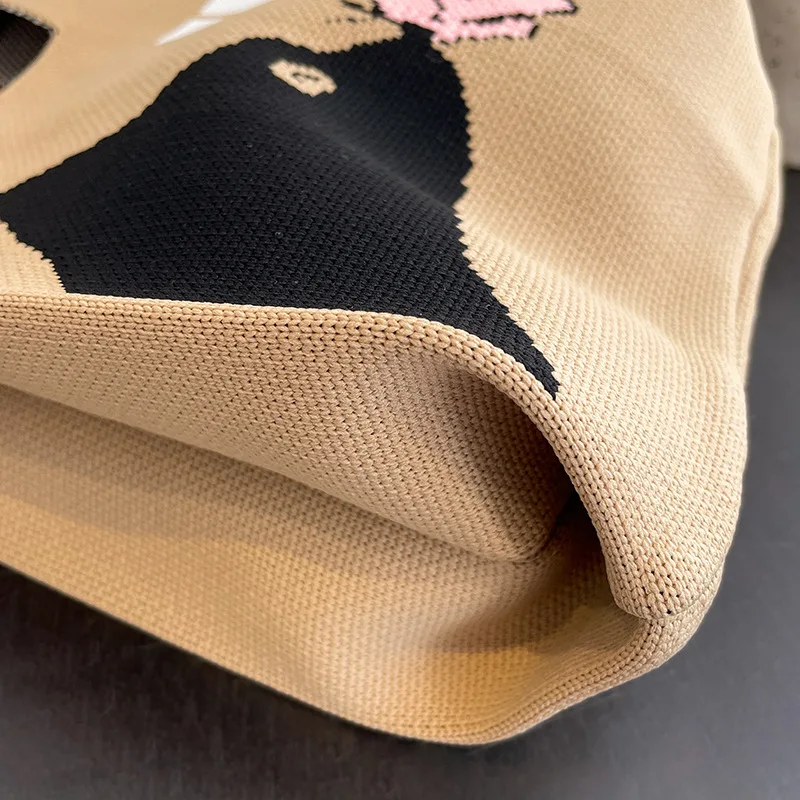 Cartoon Knit Handbags for Women Japanese Mini Wrist Bag Female Casual Wide Stripe Plaid Tote Bag Student Reusable Shopping Bags