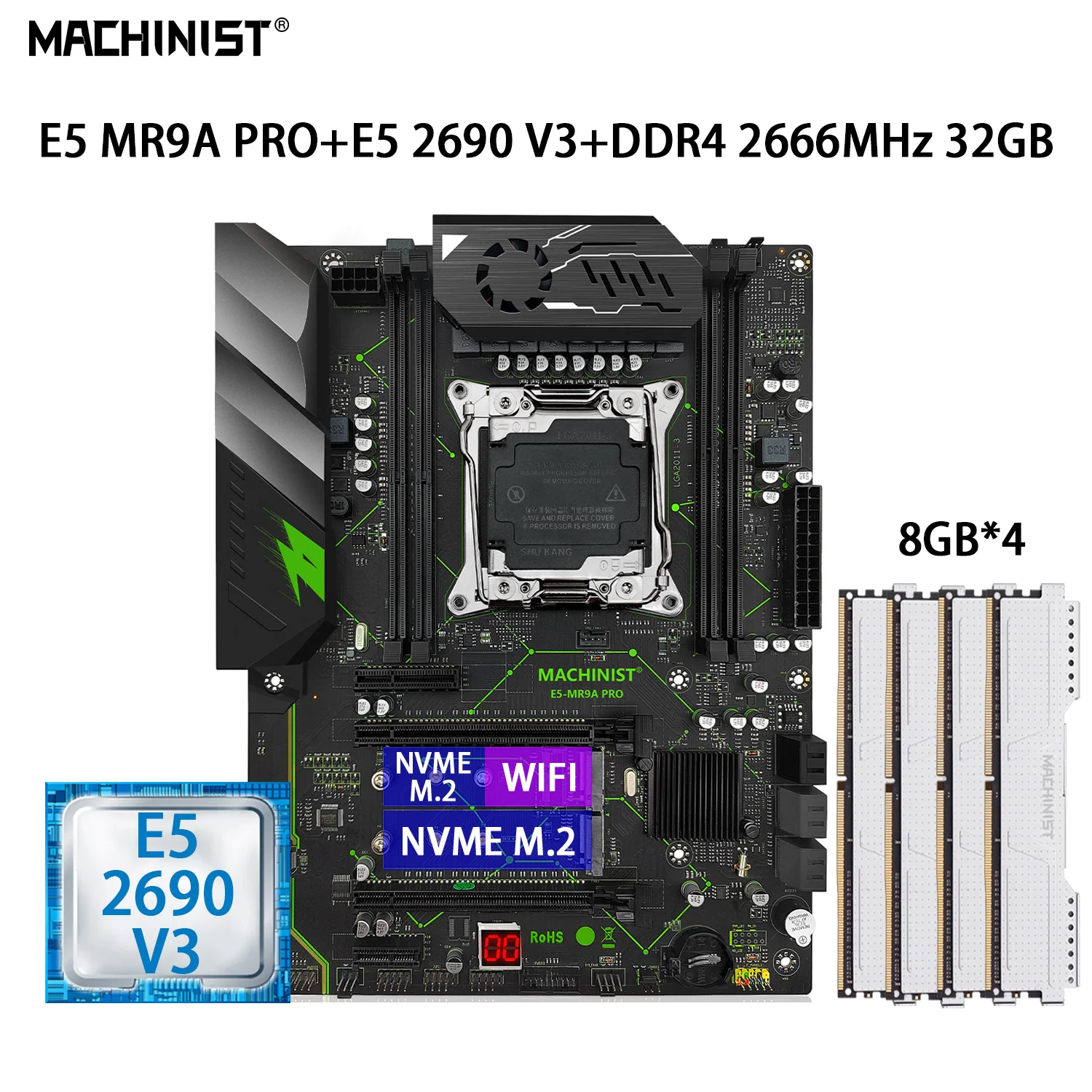 

MACHINIST E5 MR9A PRO комплект материнской платы LGA 2011-3 с процессором XEON E5 2690 V3 4*8 ГБ = 32 Гб DDR4 2666 МГц ОЗУ память NVME
