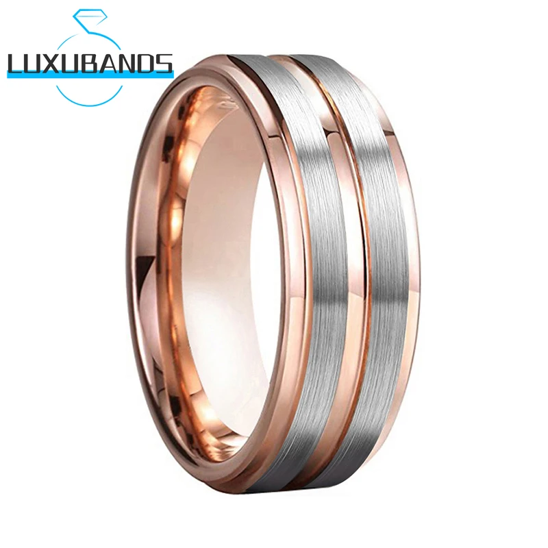 

Rose Gold 8MM Men Wemen's Wedding Bands Stepped Edges Center Grooved Tungsten Engagement Rings Brushed Finish Comfort Fit