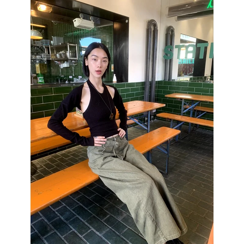 Lonslan 2024 осенний новый дизайн облегающий топ с бретелькой на шее + нарукавники