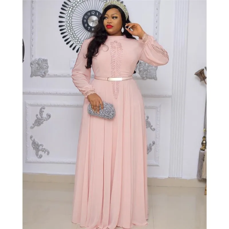 African Dresses For Women Long Sleeve Casual Robe Solid Chiffon Maxi Dress Muslim Ethnic Wear 2023 Elegant Embroidery Vestido