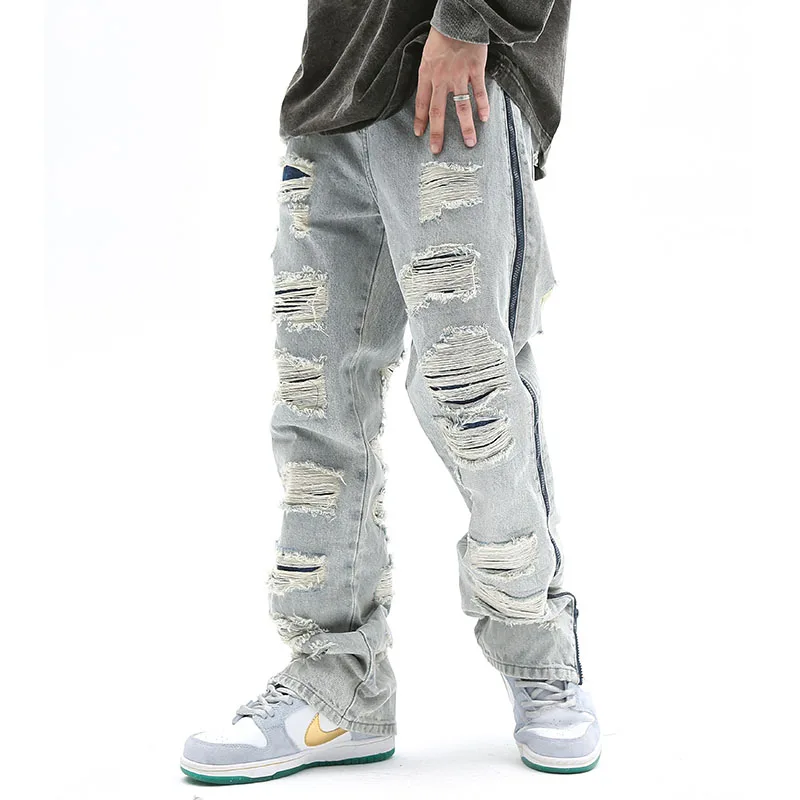 

High Street Side Zipper Hole Frayed Washed Blue Jeans Pants Men's Retro Ripped Straight Pockets Oversized Baggy Denim Trousers