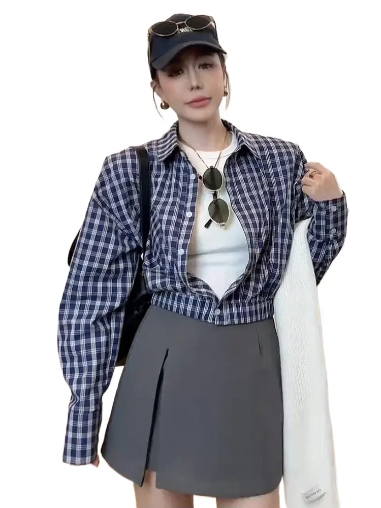 Polo Collar Plaid Shirts Women 2024 New Popular Autumn Waist Hugging Slimming High Sense Unique Chic Small Top
