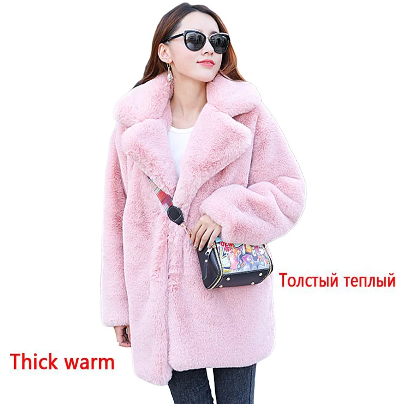 Winter Women High Quality Faux Rabbit Fur Coat Luxury Fur Coat Loose Lapel OverCoat Thick Warm  Size Female h Coats