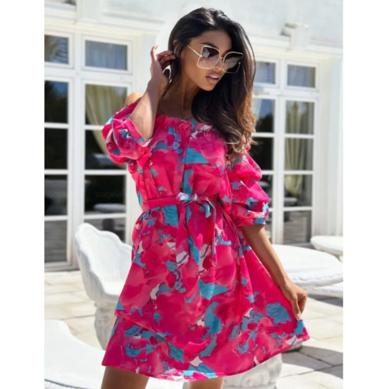 

Женское платье с принтом листьев, элегантное удобное простое и свежее платье с одной линией горловины и коротким рукавом, лето 2023