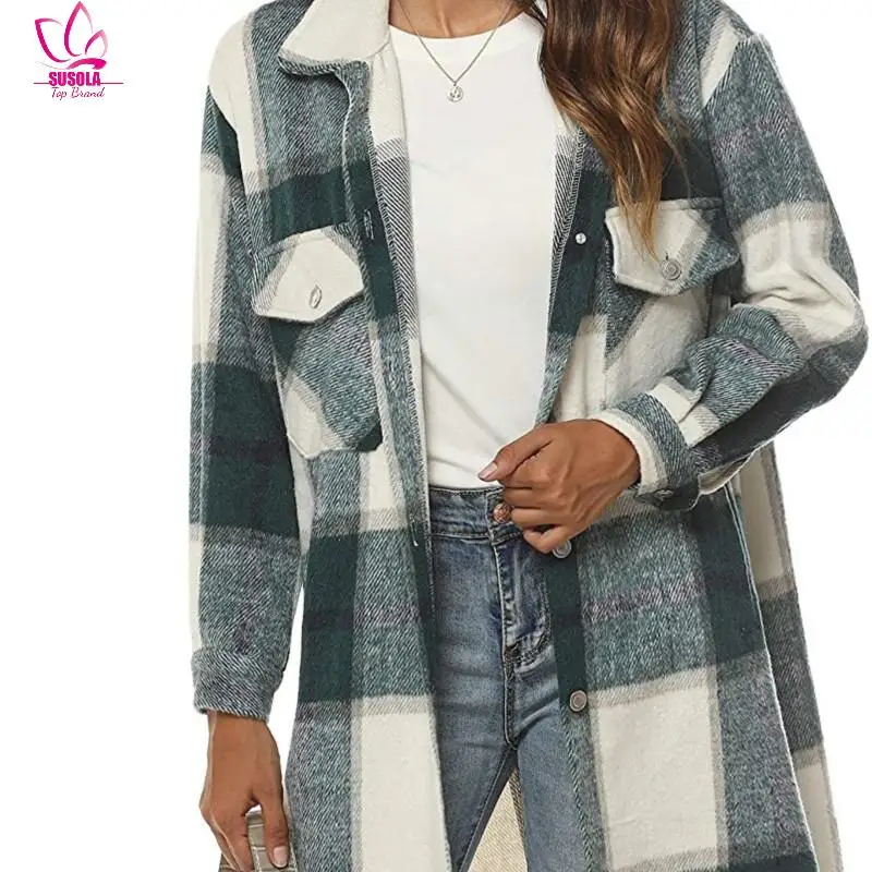 

Женская Повседневная Клетчатая Шерстяная Рубашка SUSOLA с пуговицами-скобами, длинная куртка, пальто