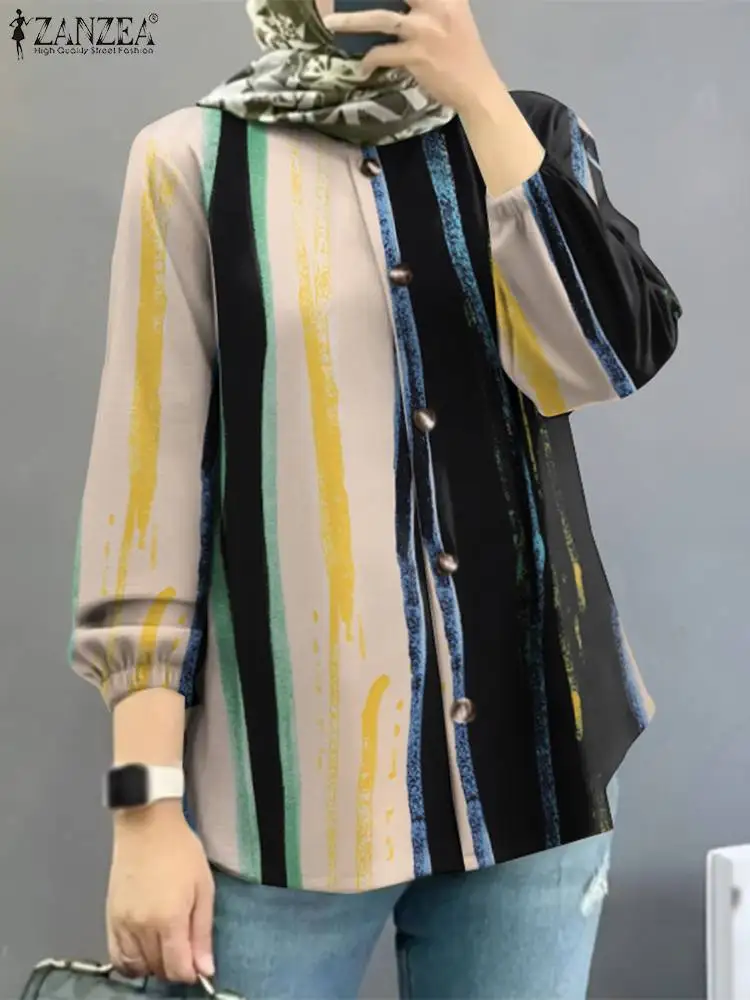 

Коллекция 2023 года, осенняя винтажная мусульманская блузка ZANZEA Eid Mubarek, женские повседневные топы с длинным рукавом и принтом, Женская Праздничная рубашка, мусульманская одежда