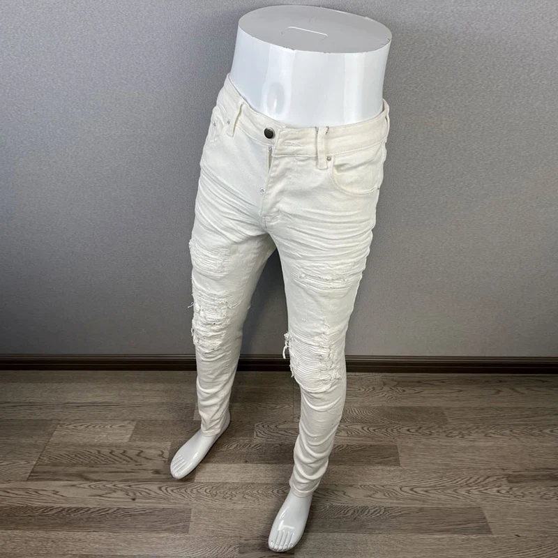 White Fashion Designer Men Jeans Elastic Stretch Patched Skinny Fit Ripped Jeans Men Streetwear Hip Hop Denim Brand Pants Hombre