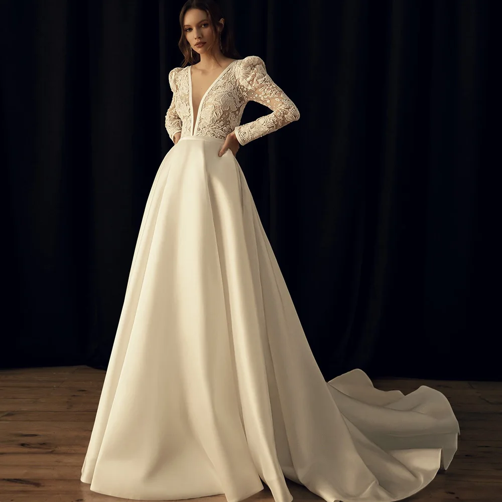 

Elegant Wedding Dresses 2022 V-Neck Long Sleeves Backless Bridal Gown Simple Satin A-Line Appliques Vestido De Noiva Custom Made