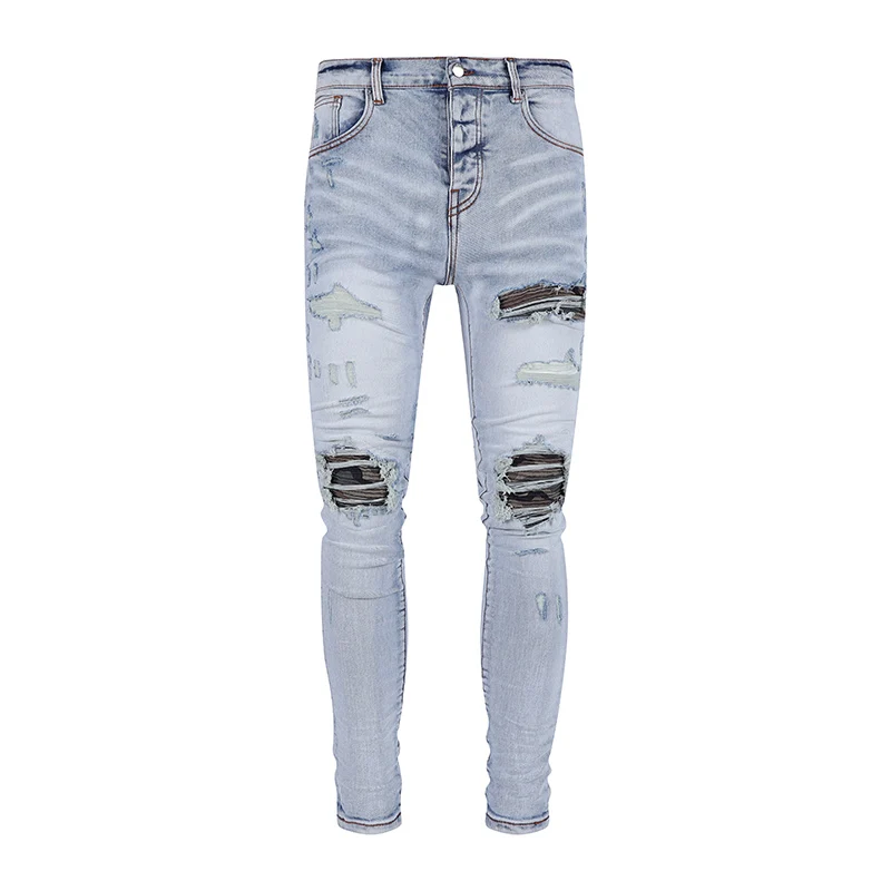 High Street Fashion Men Jeans Retro Light Blue Stretch Skinny Fit Ripped Jeans Men Patched Designer Hip Hop Brand Pants Hombre