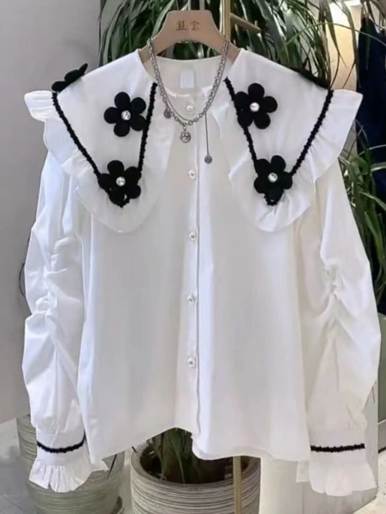 

Милая Цветочная рубашка HOUZHOU, женские белые элегантные милые блузки с длинным рукавом, корейский стиль, свободные женские топы в стиле препп...