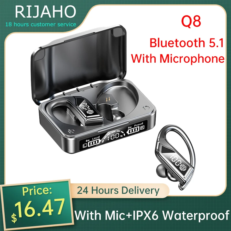 

Bluetooth Wireless Headphones Q8 Sports With Mic IPX6 Waterproof Ear Hooks Bluetooth Earphones HiFi Stereo Music Earbuds Phones