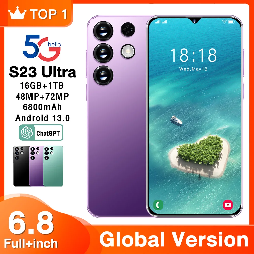 

2023 S23 Ultra Smart Phone 6.8 Inch HD Full Screen 6800mah 16GB+1TB Android Mobile Phones Global Version 3G 4G 5G Cell Phone