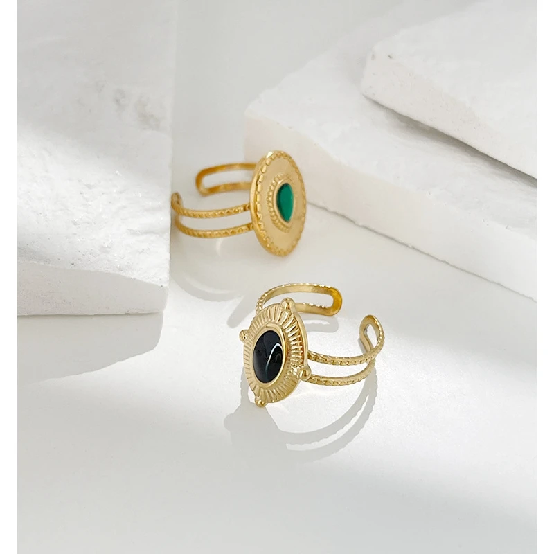 

ALLNEWME 2 Styles Black Green Color Oval Stone Open Finger Ring for Women Vintage Hollow Textured Stainless Steel Rings Gifts