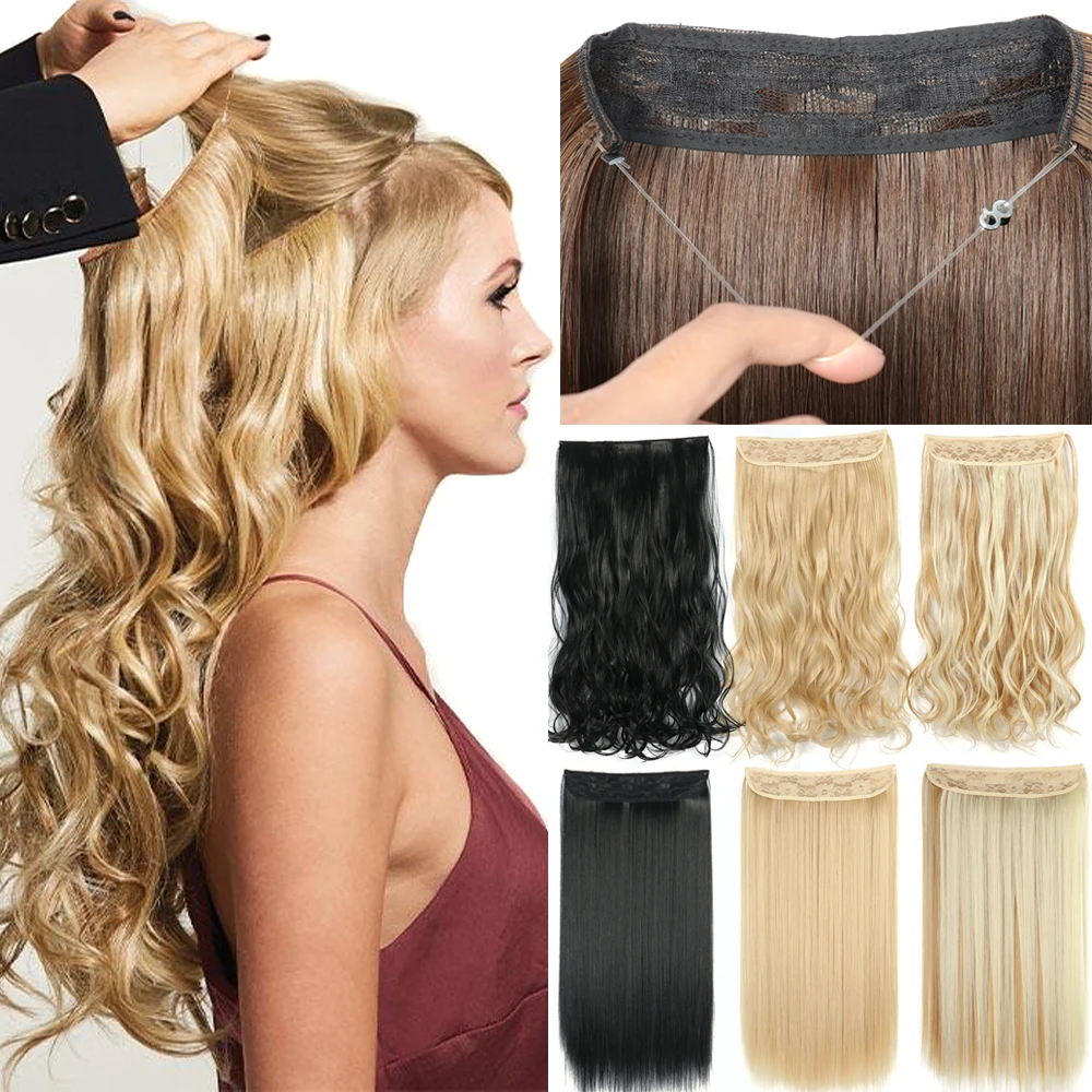 No Clip in Hair Extension Synthetic Natural Halo Hair Extensions Fish Line Blonde Pink One Piece False Hairpiece Fake Hair Piece